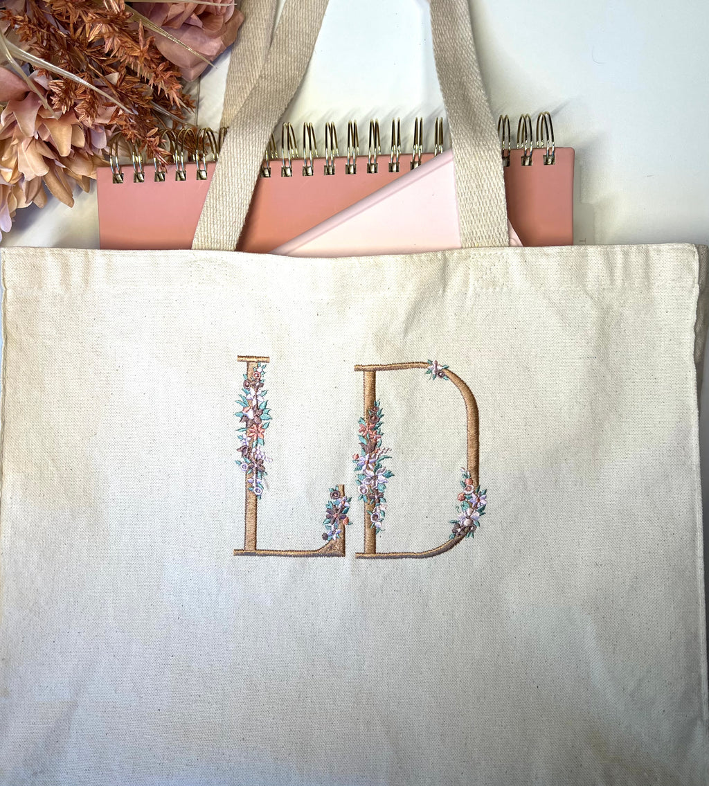 Personalized Canvas Tote Bag - Floral Monogram